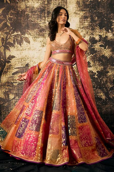 Shop Cedar & Pine Multi Color Organza Sequins, Foil Printing Floral Block Lehenga Blouse Set Online at Aza Fashions Shop_Cedar & Pine_Multi Color Organza Sequins, Foil Printing Floral Block Lehenga Blouse Set_Online_at_Aza_Fashions