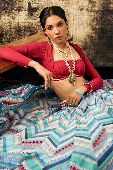 Buy Cedar & Pine Blue Georgette, Silk, Organza Bohemian Chevron Pattern Lehenga Blouse Set Online at Aza Fashions Buy_Cedar & Pine_Blue Georgette, Silk, Organza Bohemian Chevron Pattern Lehenga Blouse Set_Online_at_Aza_Fashions