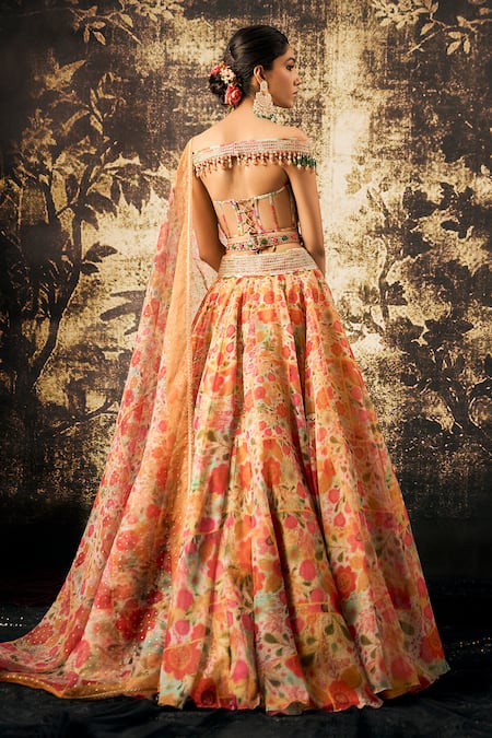 Shop Cedar & Pine Multi Color Organza Beads Off-shoulder Floral Bloom Print Lehenga Blouse Set at Aza Fashions Shop_Cedar & Pine_Multi Color Organza Beads Off-shoulder Floral Bloom Print Lehenga Blouse Set _at_Aza_Fashions