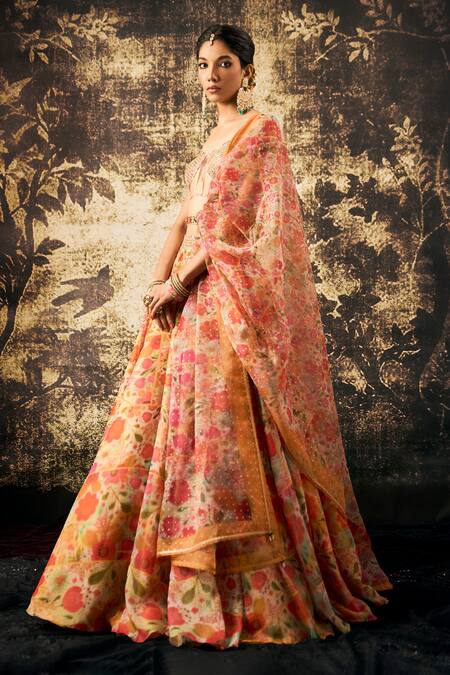 Cedar & Pine Multi Color Organza Beads Off-shoulder Floral Bloom Print Lehenga Blouse Set Online at Aza Fashions Cedar & Pine_Multi Color Organza Beads Off-shoulder Floral Bloom Print Lehenga Blouse Set _Online_at_Aza_Fashions