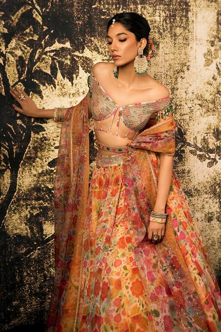 Buy Cedar & Pine Multi Color Organza Beads Off-shoulder Floral Bloom Print Lehenga Blouse Set Online at Aza Fashions Buy_Cedar & Pine_Multi Color Organza Beads Off-shoulder Floral Bloom Print Lehenga Blouse Set _Online_at_Aza_Fashions