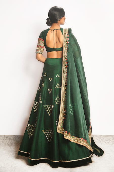 Shop Cedar & Pine Green Silk Sequins, Mirrors, Pearls, Embroidery Prism Work Lehenga Blouse Set at Aza Fashions Shop_Cedar & Pine_Green Silk Sequins, Mirrors, Pearls, Embroidery Prism Work Lehenga Blouse Set _at_Aza_Fashions