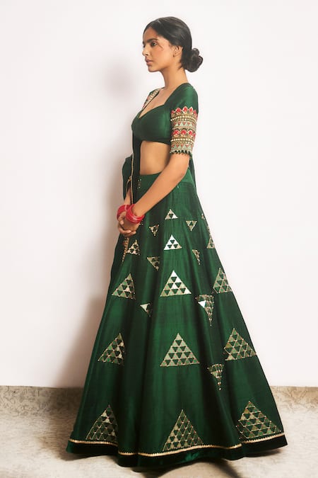 Cedar & Pine Green Silk Sequins, Mirrors, Pearls, Embroidery Prism Work Lehenga Blouse Set Online at Aza Fashions Cedar & Pine_Green Silk Sequins, Mirrors, Pearls, Embroidery Prism Work Lehenga Blouse Set _Online_at_Aza_Fashions