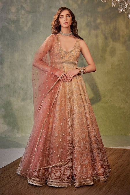 Cedar & Pine Foliage Embroidered Ombre Anarkali With Dupatta 