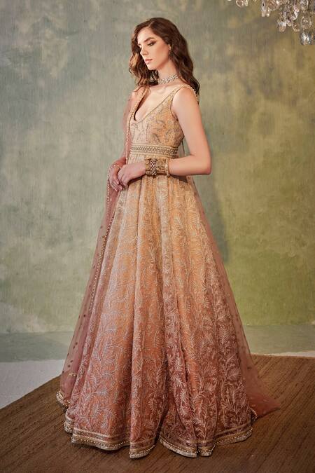 Cedar & Pine_Red Organza, Tulle Pearls, Foil Foliage Embroidered Ombre Anarkali With Dupatta _Online_at_Aza_Fashions