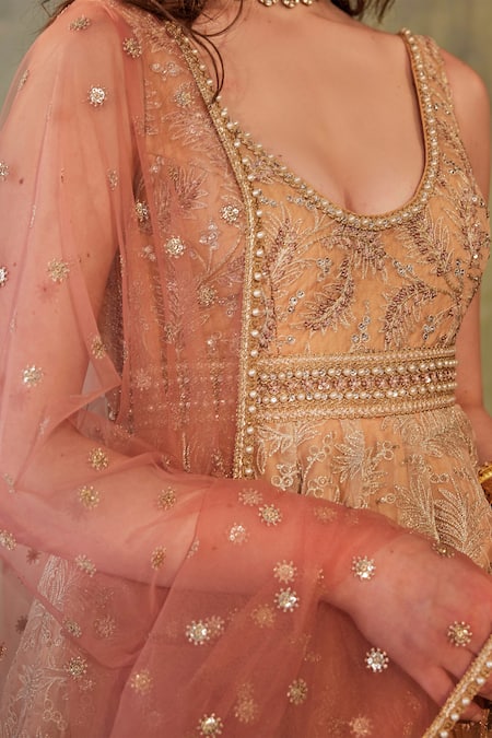 Buy_Cedar & Pine_Red Organza, Tulle Pearls, Foil Foliage Embroidered Ombre Anarkali With Dupatta _Online_at_Aza_Fashions