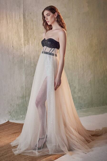 Cedar & Pine_Ivory Tulle Sequins Sweetheart Neck Embellished Strapless Gown _Online_at_Aza_Fashions