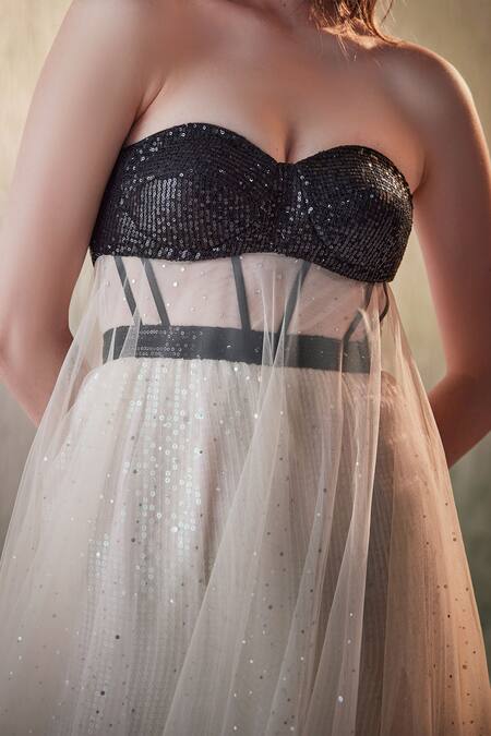 Buy_Cedar & Pine_Ivory Tulle Sequins Sweetheart Neck Embellished Strapless Gown _Online_at_Aza_Fashions