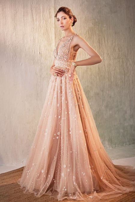 Cedar & Pine Beige Tulle Pearls, Beads Plunge Neck Bloom Embroidered Gown Online at Aza Fashions Cedar & Pine_Beige Tulle Pearls, Beads Plunge Neck Bloom Embroidered Gown _Online_at_Aza_Fashions