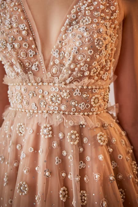 Buy Cedar & Pine Beige Tulle Pearls, Beads Plunge Neck Bloom Embroidered Gown Online at Aza Fashions Buy_Cedar & Pine_Beige Tulle Pearls, Beads Plunge Neck Bloom Embroidered Gown _Online_at_Aza_Fashions