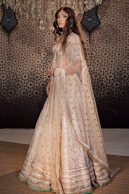 Cedar & Pine_Ivory Organza Pearls, Sequins, Zari Square Leaves Embroidered Bridal Lehenga Set _Online_at_Aza_Fashions