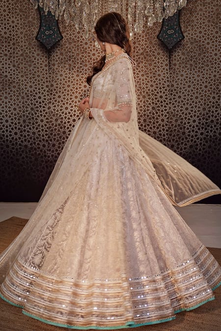 Buy_Cedar & Pine_Ivory Organza Pearls, Sequins, Zari Square Leaves Embroidered Bridal Lehenga Set _Online_at_Aza_Fashions