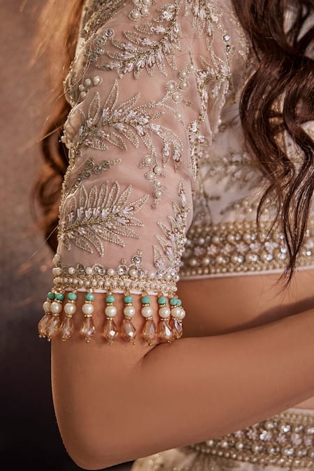Shop_Cedar & Pine_Ivory Organza Pearls, Sequins, Zari Square Leaves Embroidered Bridal Lehenga Set _Online_at_Aza_Fashions