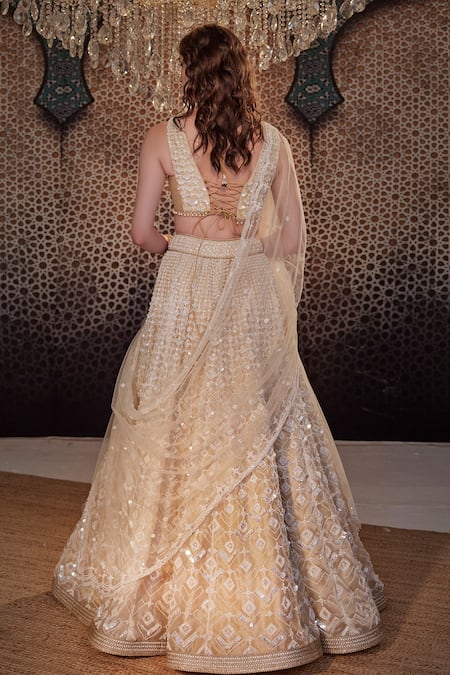 Shop Cedar & Pine Ivory Organza, Tulle Sequins, Pearls V-neck Embroidered Bridal Lehenga Set at Aza Fashions Shop_Cedar & Pine_Ivory Organza, Tulle Sequins, Pearls V-neck Embroidered Bridal Lehenga Set _at_Aza_Fashions