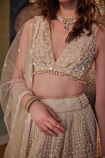 Buy Cedar & Pine Ivory Organza, Tulle Sequins, Pearls V-neck Embroidered Bridal Lehenga Set Online at Aza Fashions Buy_Cedar & Pine_Ivory Organza, Tulle Sequins, Pearls V-neck Embroidered Bridal Lehenga Set _Online_at_Aza_Fashions