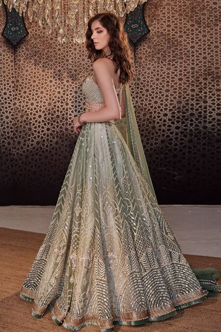 Cedar & Pine Green Organza Beads, Pearls, Mirrors Sweetheart Embellished Bridal Lehenga Set Online at Aza Fashions Cedar & Pine_Green Organza Beads, Pearls, Mirrors Sweetheart Embellished Bridal Lehenga Set _Online_at_Aza_Fashions