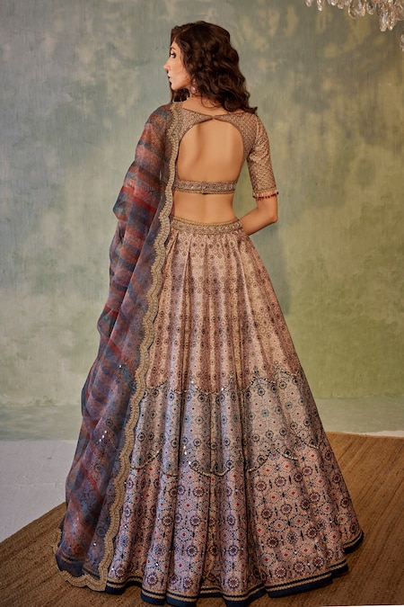 Sabyasachi Maroon Floral Printed Organza Bridal Lehenga Choli