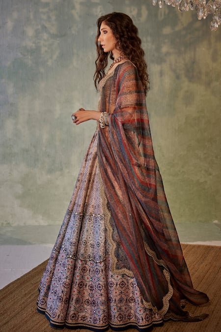 Cedar & Pine Multi Color Organza Mirrors, Embroidery V-neck Ajrakh Print Bridal Lehenga Set Online at Aza Fashions Cedar & Pine_Multi Color Organza Mirrors, Embroidery V-neck Ajrakh Print Bridal Lehenga Set _Online_at_Aza_Fashions
