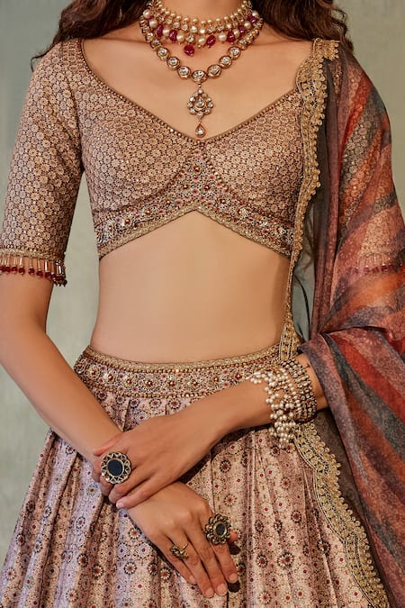 Buy Cedar & Pine Multi Color Organza Mirrors, Embroidery V-neck Ajrakh Print Bridal Lehenga Set Online at Aza Fashions Buy_Cedar & Pine_Multi Color Organza Mirrors, Embroidery V-neck Ajrakh Print Bridal Lehenga Set _Online_at_Aza_Fashions