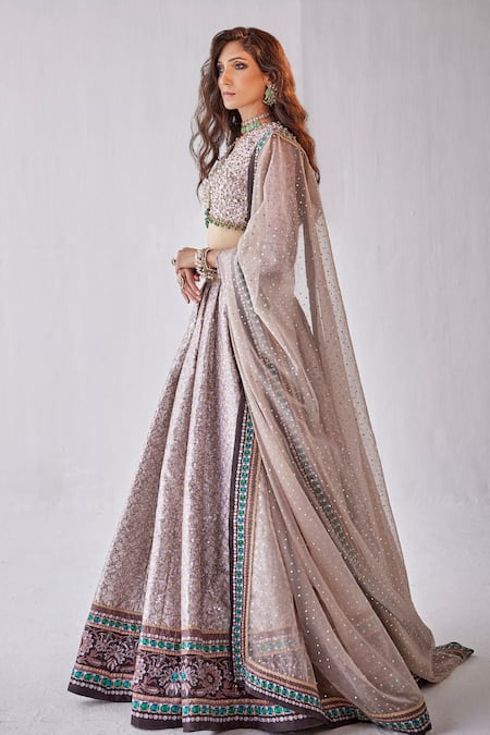 Cedar & Pine_Grey Organza, Silk Sequins V-neck And Badla Embroidered Bridal Lehenga Set _Online_at_Aza_Fashions