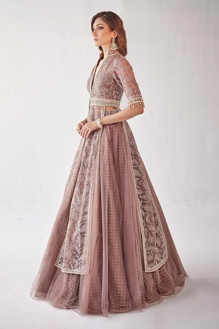 Cedar & Pine Wine Organza, Tulle Beads, Sequins, Pearls Collared And Lehenga Jacket Set Online at Aza Fashions Cedar & Pine_Wine Organza, Tulle Beads, Sequins, Pearls Collared And Lehenga Jacket Set _Online_at_Aza_Fashions