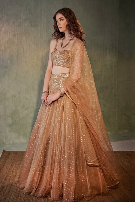 Cedar & Pine_Beige Organza, Tulle Sequins, Pearls Square And Embellished Bridal Lehenga Set _Online_at_Aza_Fashions