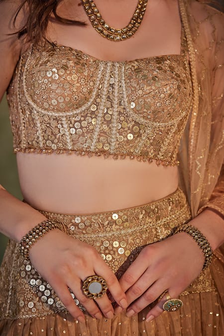 Shop_Cedar & Pine_Beige Organza, Tulle Sequins, Pearls Square And Embellished Bridal Lehenga Set _Online_at_Aza_Fashions