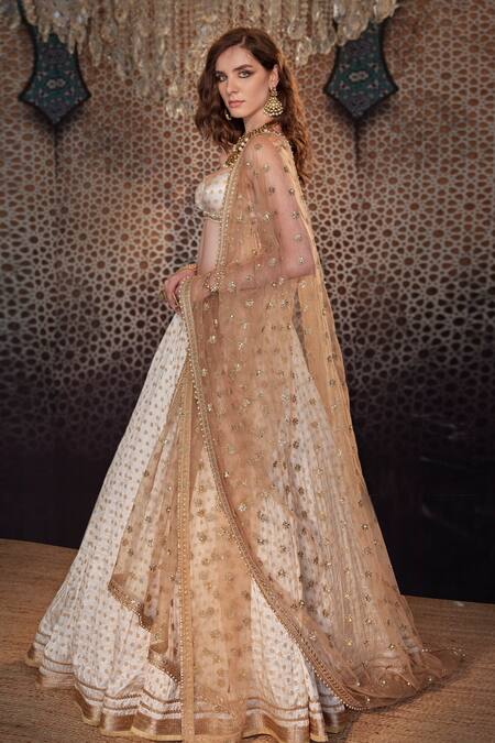 Cedar & Pine_Ivory Brocade, Tulle Embroidery, Sequins Sweetheart Crinkled Bridal Lehenga Set _Online_at_Aza_Fashions