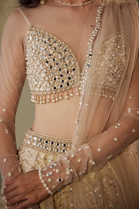 Buy Cedar & Pine Ivory Organza, Tulle Mirrors, Pearls And Embroidered Bridal Lehenga Set Online at Aza Fashions Buy_Cedar & Pine_Ivory Organza, Tulle Mirrors, Pearls And Embroidered Bridal Lehenga Set _Online_at_Aza_Fashions