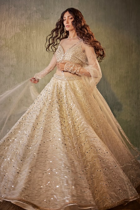 Shop Cedar & Pine Ivory Organza, Tulle Mirrors, Pearls And Embroidered Bridal Lehenga Set Online at Aza Fashions Shop_Cedar & Pine_Ivory Organza, Tulle Mirrors, Pearls And Embroidered Bridal Lehenga Set _Online_at_Aza_Fashions