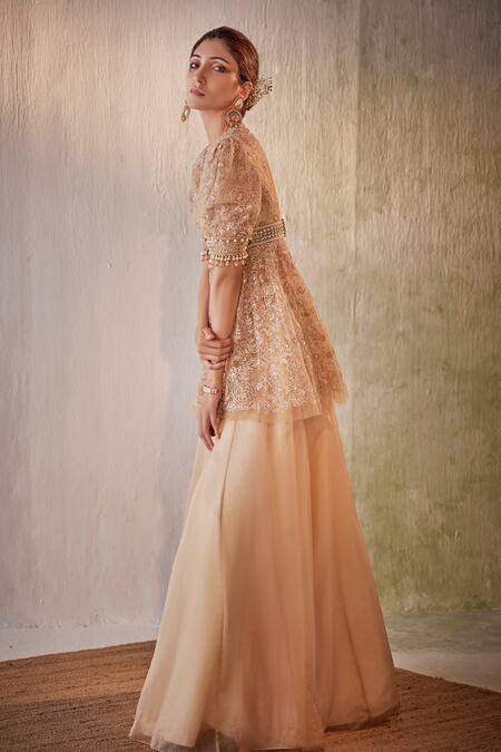 Cedar & Pine_Beige Tulle, Organza Embroidery, Beads Round Neck Peplum Top Sharara Set_Online_at_Aza_Fashions