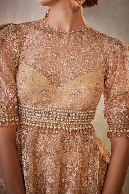 Buy_Cedar & Pine_Beige Tulle, Organza Embroidery, Beads Round Neck Peplum Top Sharara Set_Online_at_Aza_Fashions