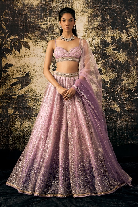 Cedar & Pine Purple Tulle Embroidery, Sequins Sweetheart Neck Bridal Lehenga Set 