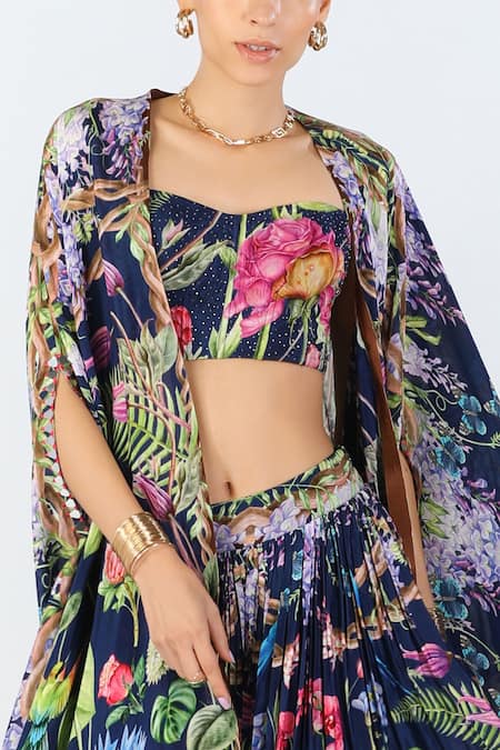 Limerick By Abirr N' Nanki_Black Silk Embroidery Sweetheart Neck Ambrosia Floral Pattern Cape Palazzo Set _Online_at_Aza_Fashions