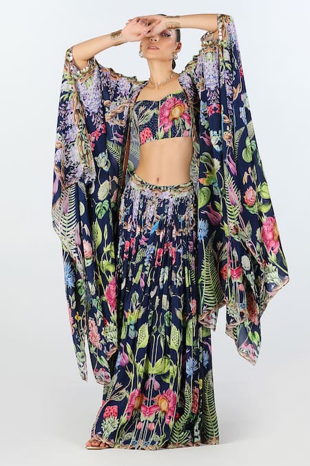 Buy_Limerick By Abirr N' Nanki_Black Silk Embroidery Sweetheart Neck Ambrosia Floral Pattern Cape Palazzo Set _Online_at_Aza_Fashions