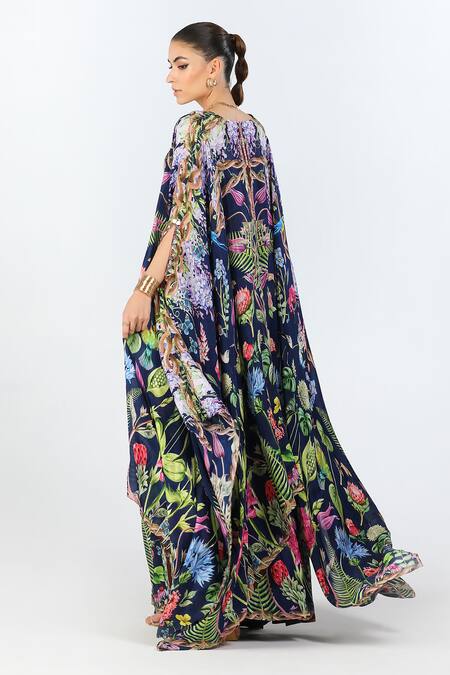 Shop_Limerick By Abirr N' Nanki_Black Silk Embroidery Sweetheart Neck Ambrosia Floral Pattern Cape Palazzo Set _Online_at_Aza_Fashions