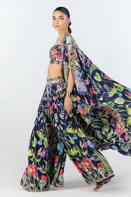 Limerick By Abirr N' Nanki_Black Silk Embroidery Sweetheart Neck Ambrosia Floral Pattern Cape Palazzo Set _at_Aza_Fashions