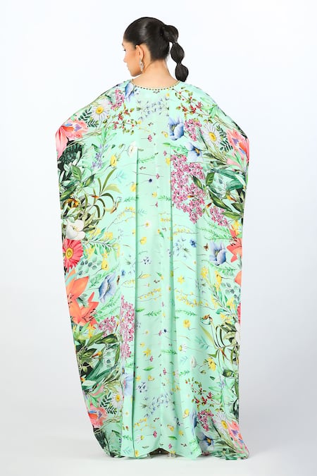 Shop Limerick By Abirr N' Nanki Blue Crepe Embroidery V-neck Arela Floral Pattern Kaftan at Aza Fashions Shop_Limerick By Abirr N' Nanki_Blue Crepe Embroidery V-neck Arela Floral Pattern Kaftan _at_Aza_Fashions