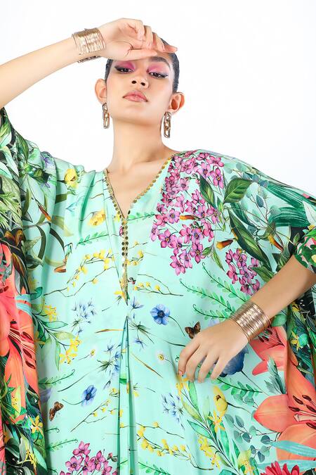 Shop Limerick By Abirr N' Nanki Blue Crepe Embroidery V-neck Arela Floral Pattern Kaftan Online at Aza Fashions Shop_Limerick By Abirr N' Nanki_Blue Crepe Embroidery V-neck Arela Floral Pattern Kaftan _Online_at_Aza_Fashions