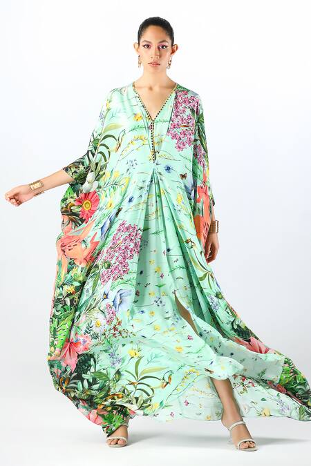Limerick By Abirr N' Nanki Blue Crepe Embroidery V-neck Arela Floral Pattern Kaftan at Aza Fashions Limerick By Abirr N' Nanki_Blue Crepe Embroidery V-neck Arela Floral Pattern Kaftan _at_Aza_Fashions