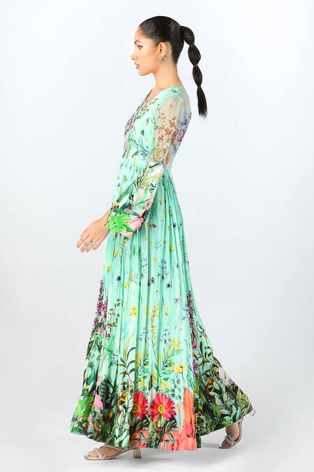 Limerick By Abirr N' Nanki_Blue Crepe Floral V-neck Arzen Blossom Pattern Dress  _Online_at_Aza_Fashions