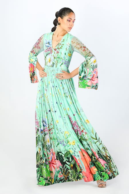 Buy_Limerick By Abirr N' Nanki_Blue Crepe Floral V-neck Arzen Blossom Pattern Dress  _Online_at_Aza_Fashions