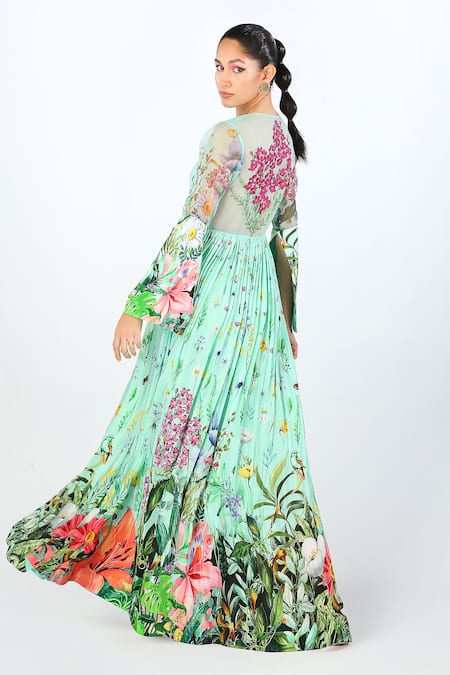 Limerick By Abirr N' Nanki_Blue Crepe Floral V-neck Arzen Blossom Pattern Dress  _at_Aza_Fashions
