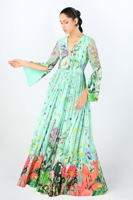 Buy_Limerick By Abirr N' Nanki_Blue Crepe Floral V-neck Arzen Blossom Pattern Dress  