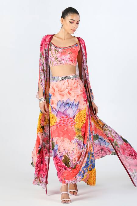 Limerick By Abirr N' Nanki Multi Color Georgette Floral Cape Aster Botanic Pattern Skirt Set Online at Aza Fashions Limerick By Abirr N' Nanki_Multi Color Georgette Floral Cape Aster Botanic Pattern Skirt Set _Online_at_Aza_Fashions
