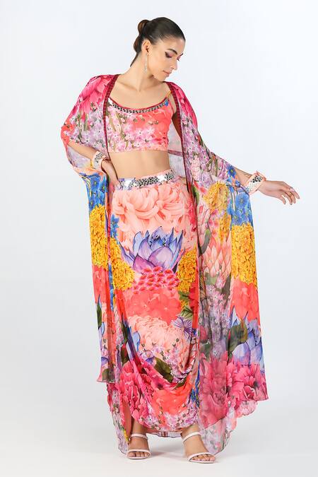 Buy Limerick By Abirr N' Nanki Multi Color Georgette Floral Cape Aster Botanic Pattern Skirt Set Online at Aza Fashions Buy_Limerick By Abirr N' Nanki_Multi Color Georgette Floral Cape Aster Botanic Pattern Skirt Set _Online_at_Aza_Fashions
