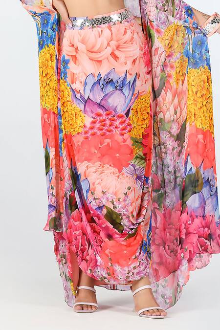 Shop Limerick By Abirr N' Nanki Multi Color Georgette Floral Cape Aster Botanic Pattern Skirt Set Online at Aza Fashions Shop_Limerick By Abirr N' Nanki_Multi Color Georgette Floral Cape Aster Botanic Pattern Skirt Set _Online_at_Aza_Fashions