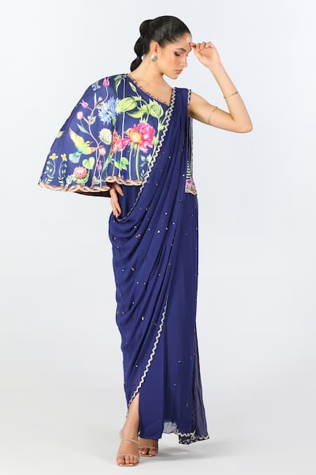 Limerick By Abirr N' Nanki Floral Asymmetric Blue Draped Saree Gown 