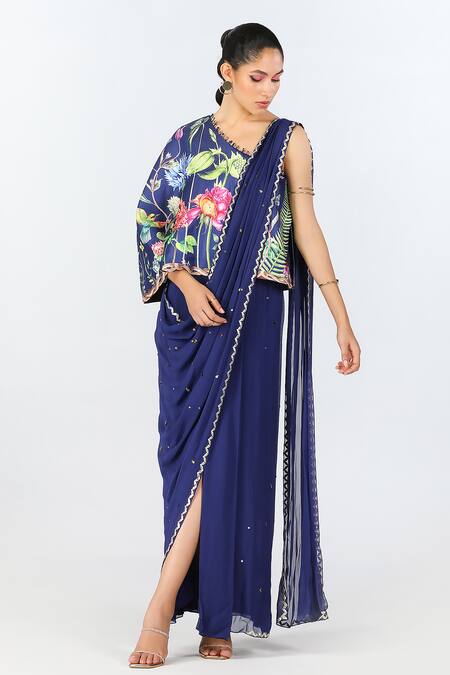 Limerick By Abirr N' Nanki Blue Georgette Floral Asymmetric Draped Saree Gown Online at Aza Fashions Limerick By Abirr N' Nanki_Blue Georgette Floral Asymmetric Draped Saree Gown _Online_at_Aza_Fashions
