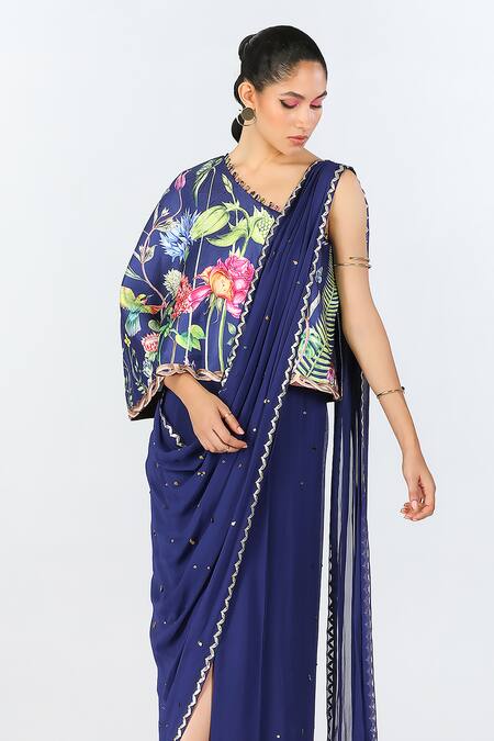 Buy Limerick By Abirr N' Nanki Blue Georgette Floral Asymmetric Draped Saree Gown Online at Aza Fashions Buy_Limerick By Abirr N' Nanki_Blue Georgette Floral Asymmetric Draped Saree Gown _Online_at_Aza_Fashions